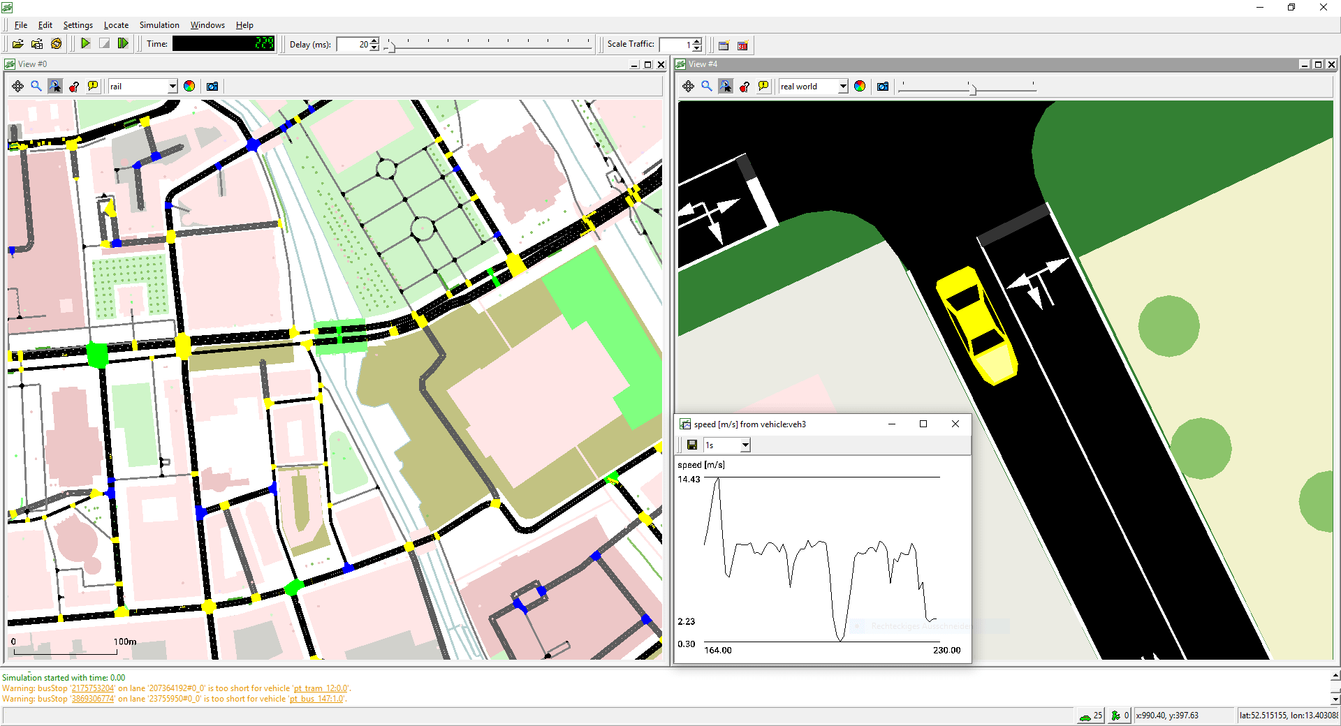 Eclipse SUMO, version 1.6.0: a street network, a close view of one vehicle, and a graph of its speed.