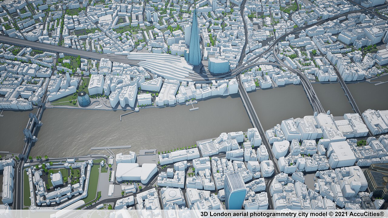 A photogrammetric 3D model of central London: buildings, streets, bridges and the Thames.